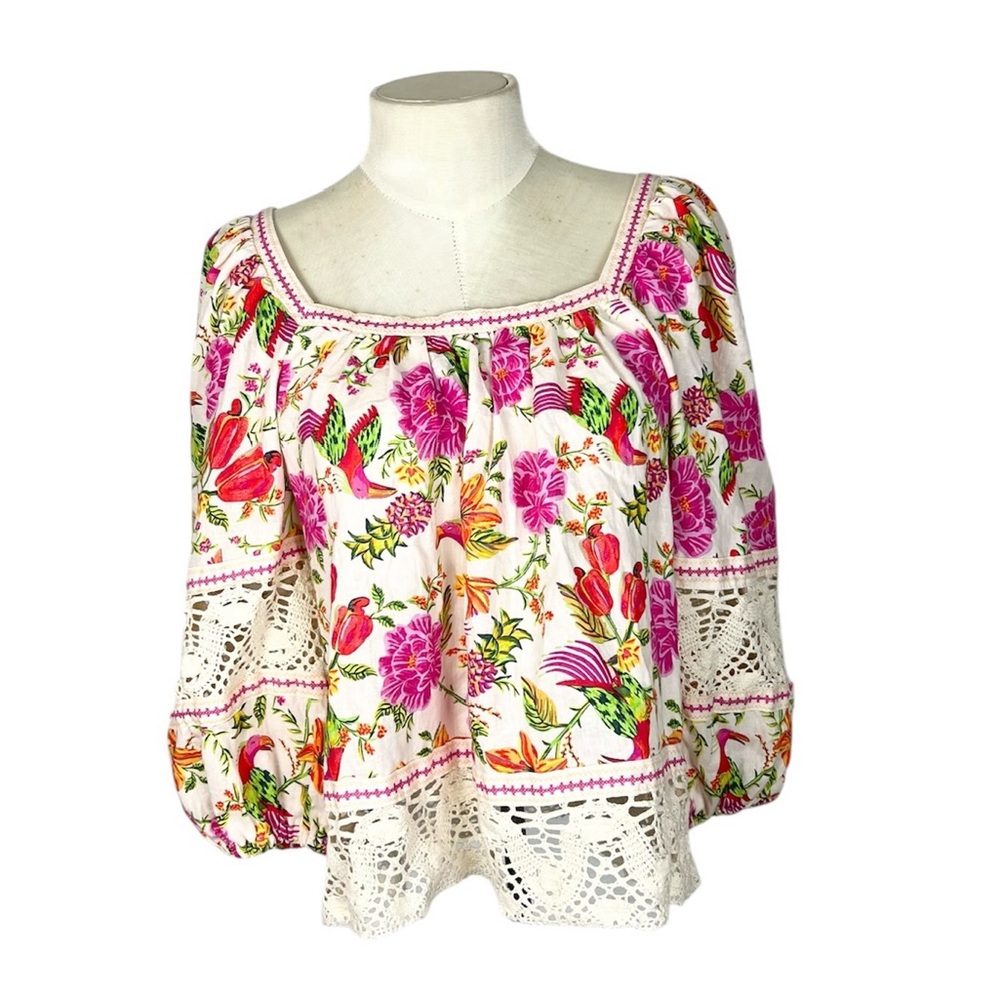 Rachel Zoe Linen Blend Crochet Insert Boho Tropical Square Neck Top‎ Size M